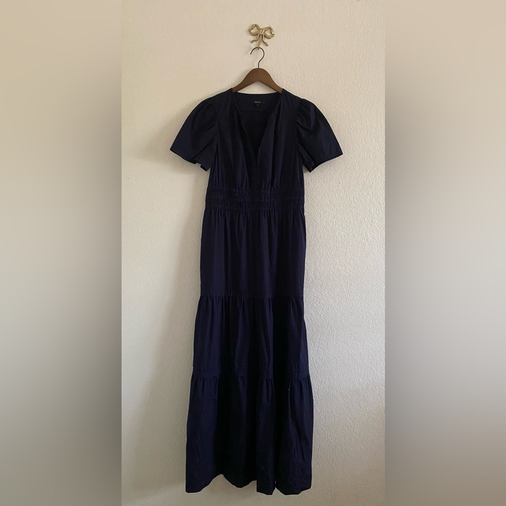 Quince 100% Organic Cotton Poplin Tiered Maxi Dress Women Small Navy Pockets